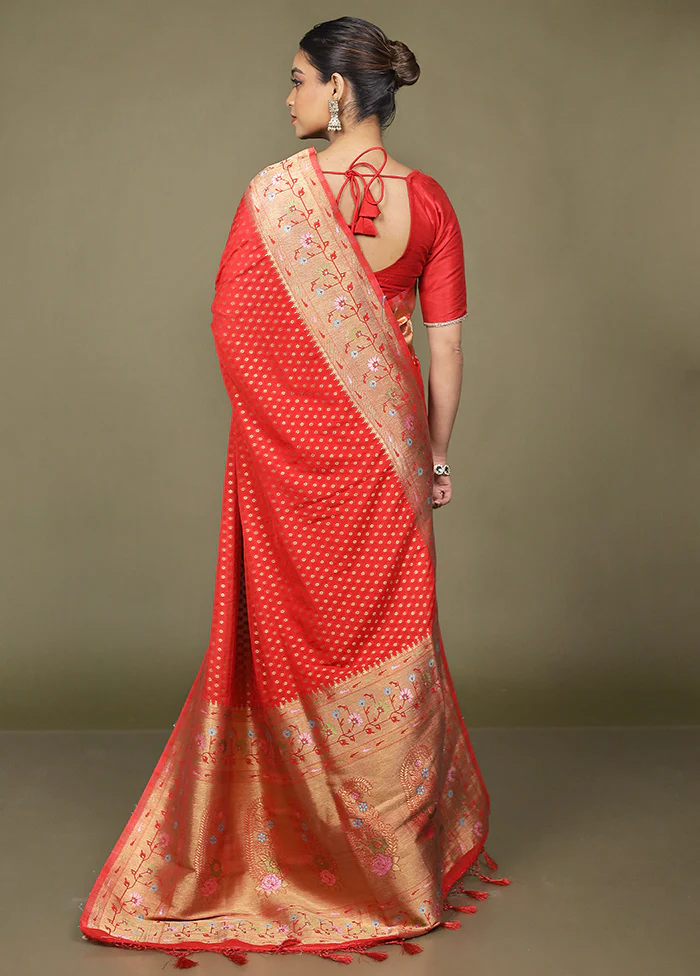 Red Dupion Silk Saree With Blouse Piece - Image 3