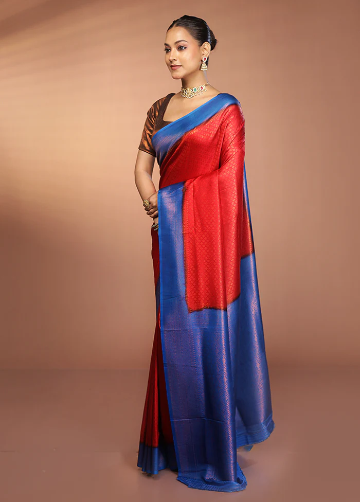 Red Dupion Silk Saree With Blouse Piece - Image 4
