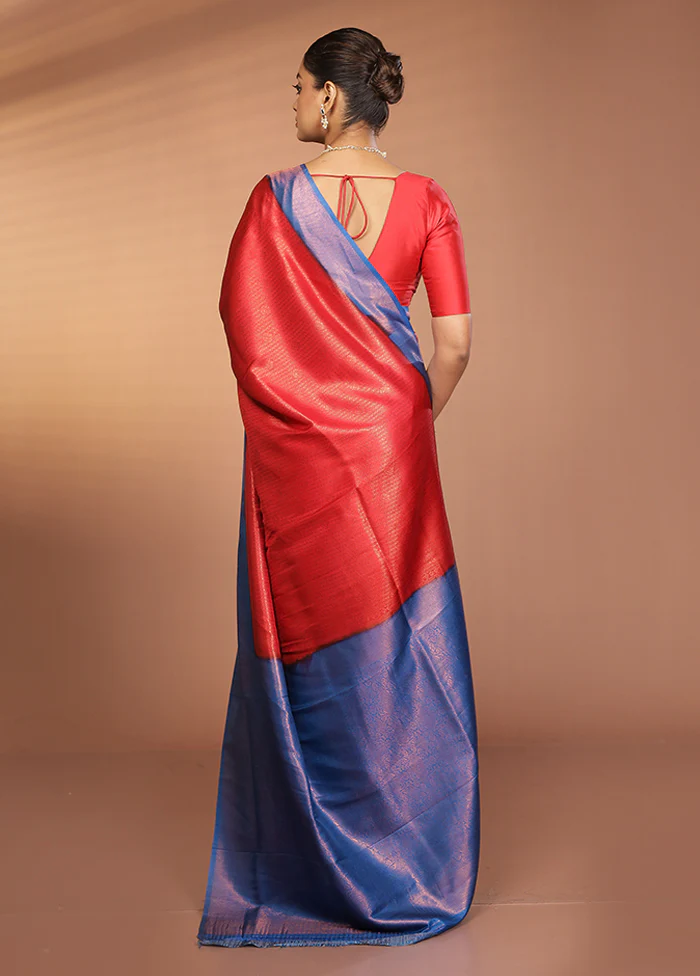 Red Dupion Silk Saree With Blouse Piece - Image 3