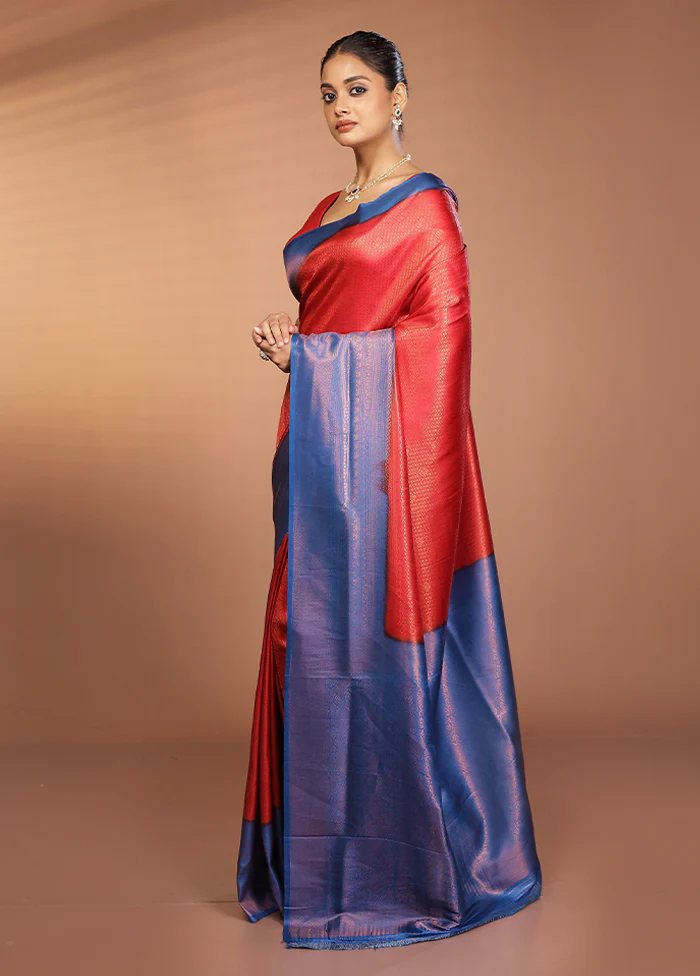 Red Dupion Silk Saree With Blouse Piece - Image 4