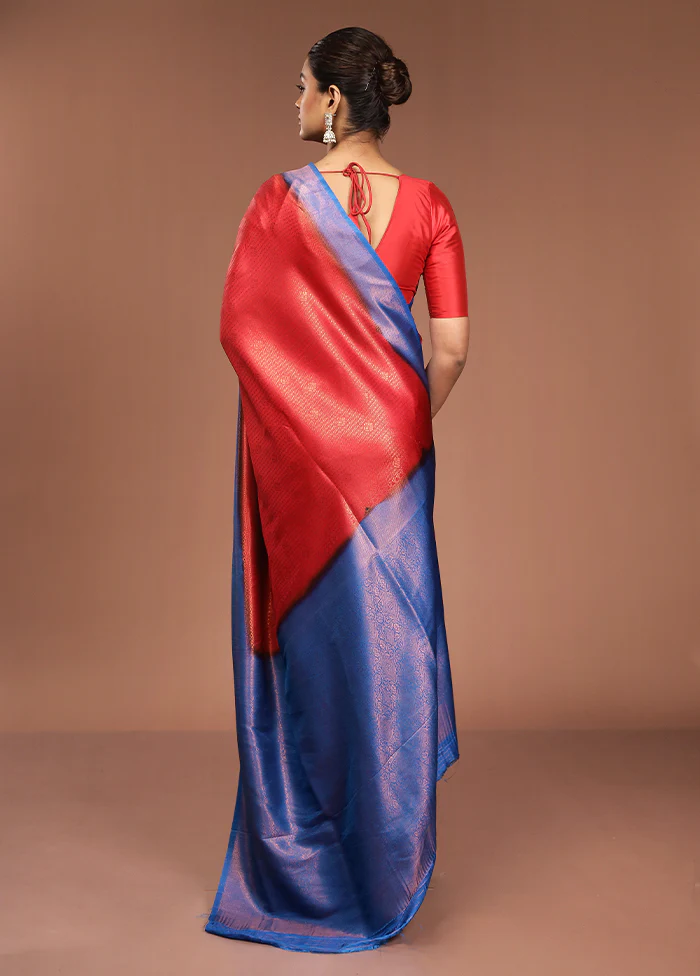Red Dupion Silk Saree With Blouse Piece - Image 3