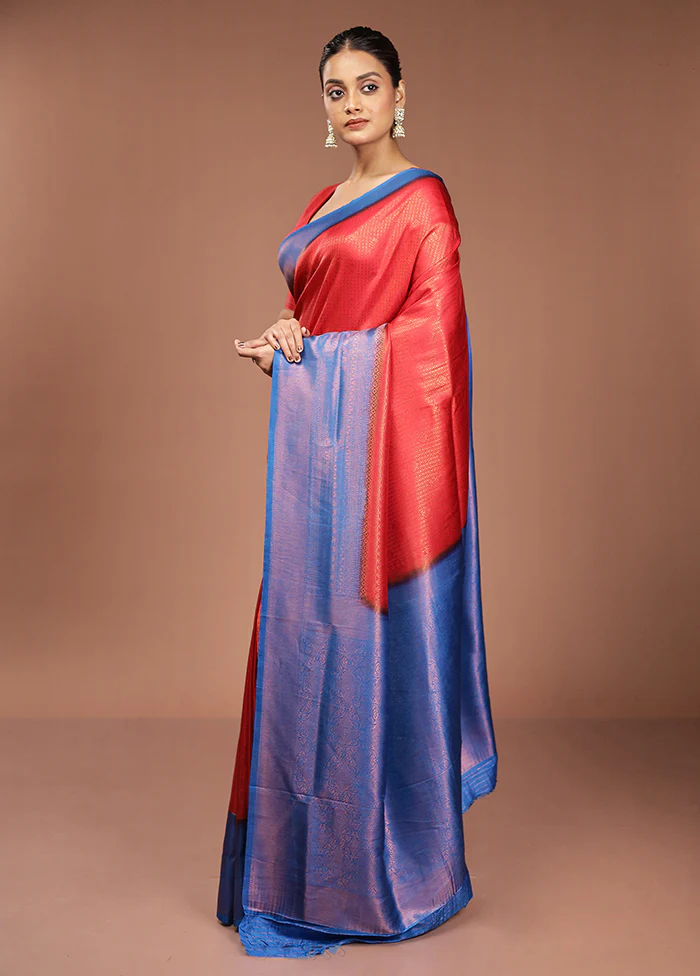 Red Dupion Silk Saree With Blouse Piece - Image 4