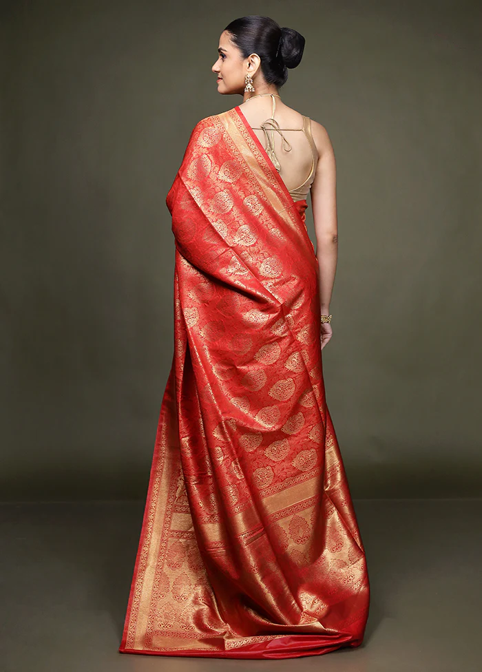 Red Dupion Silk Saree With Blouse Piece - Image 3