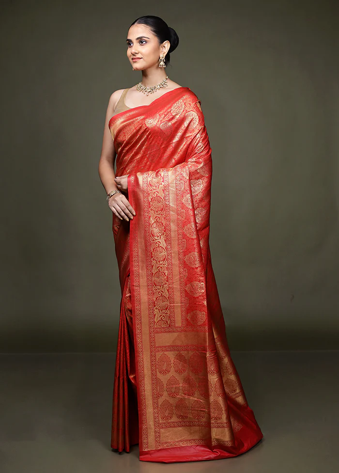 Red Dupion Silk Saree With Blouse Piece - Image 4