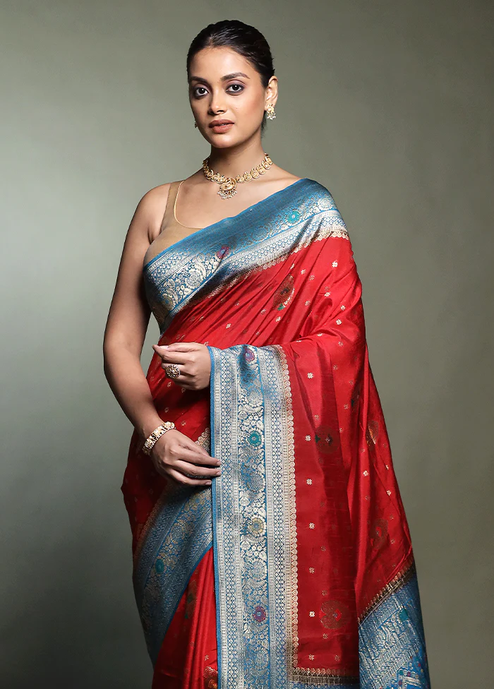 Red Dupion Silk Saree With Blouse Piece