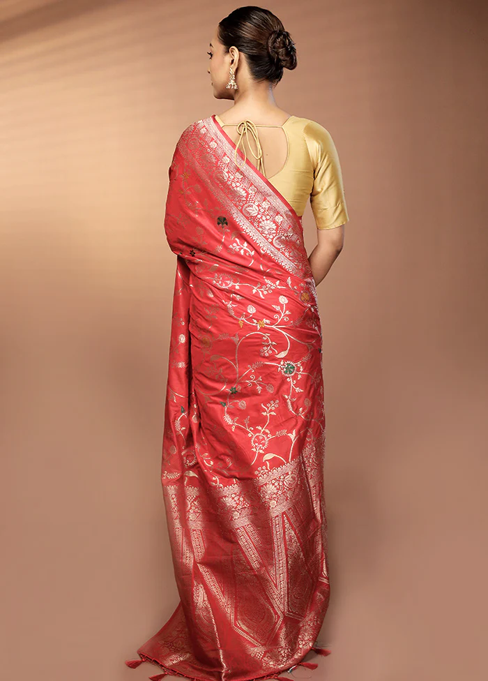 Red Dupion Silk Saree With Blouse Piece - Image 3