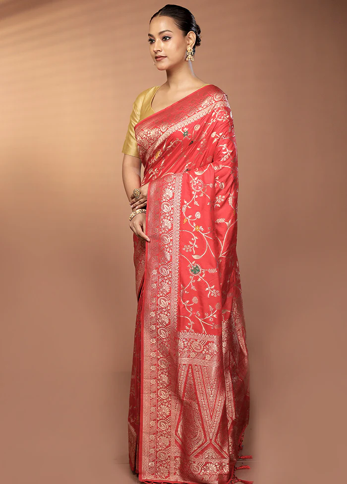 Red Dupion Silk Saree With Blouse Piece - Image 4