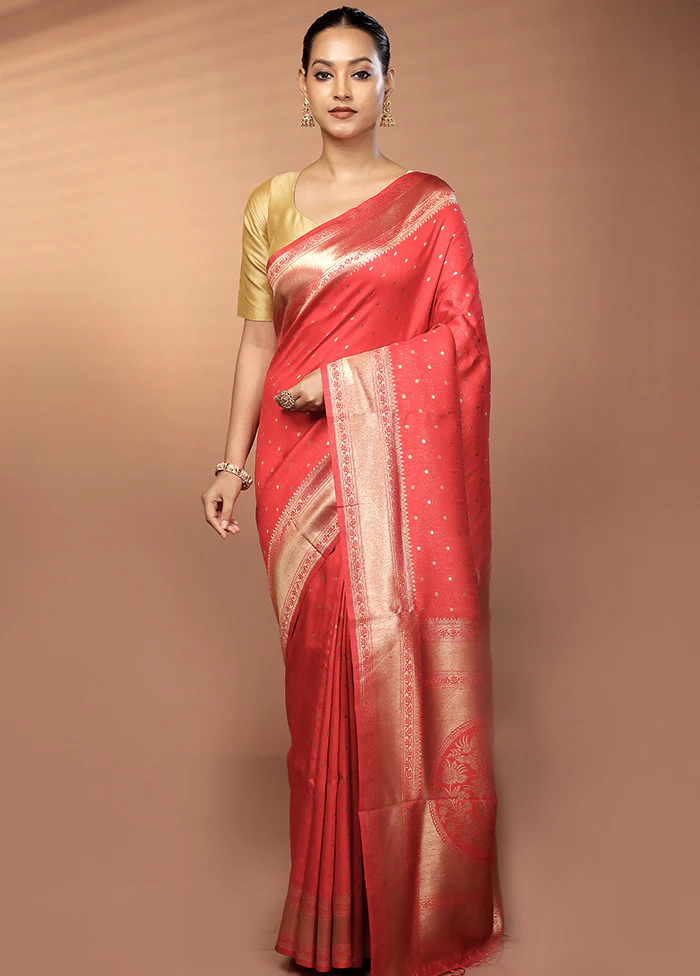 Red Dupion Silk Saree With Blouse Piece - Image 2