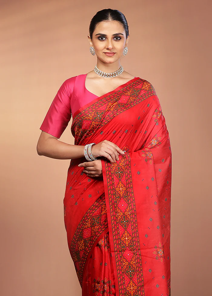 Red Dupion Silk Saree With Blouse Piece
