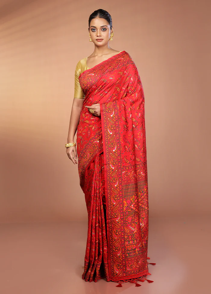 Red Dupion Silk Saree With Blouse Piece - Image 2