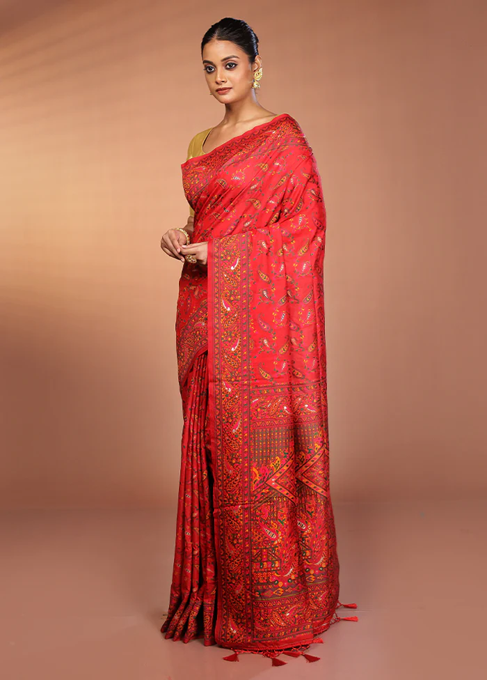 Red Dupion Silk Saree With Blouse Piece - Image 4