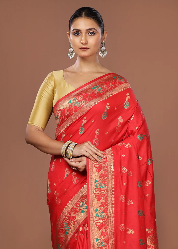 Red Dupion Silk Saree With Blouse Piece