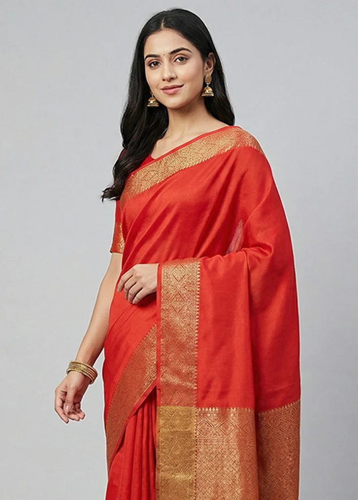 Red Dupion Silk Saree With Blouse Piece - Image 2