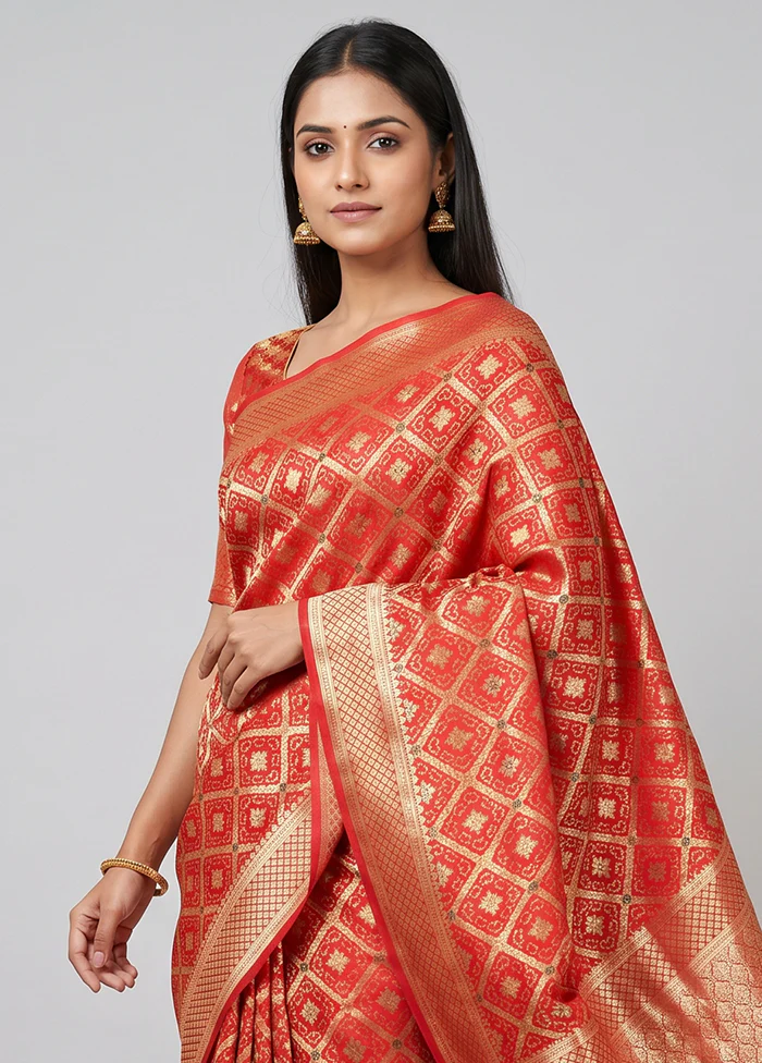 Red Dupion Silk Saree With Blouse Piece - Image 2