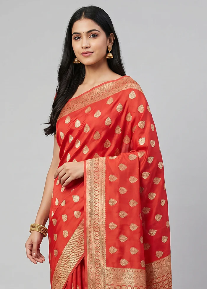 Red Dupion Silk Saree With Blouse Piece - Image 2