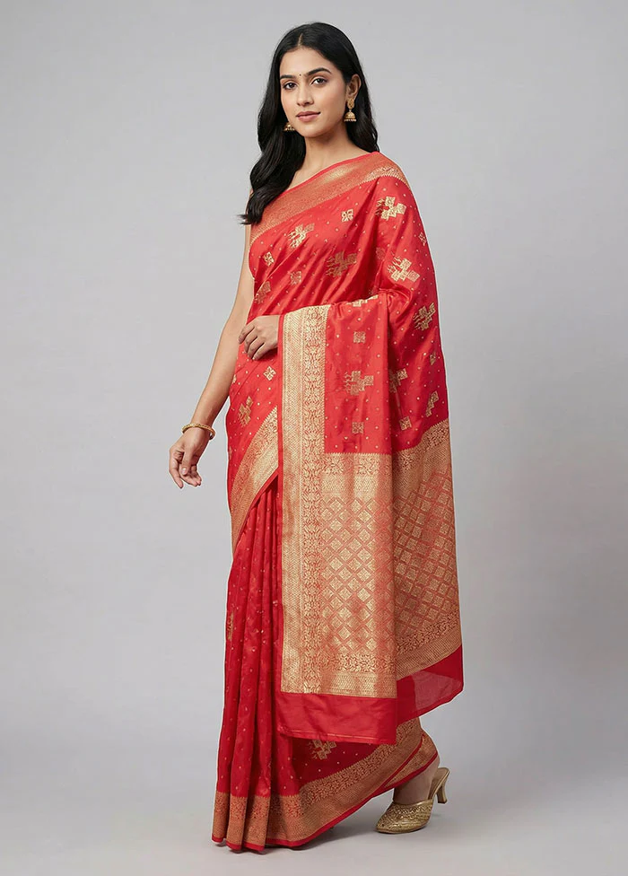 Red Dupion Silk Saree With Blouse Piece