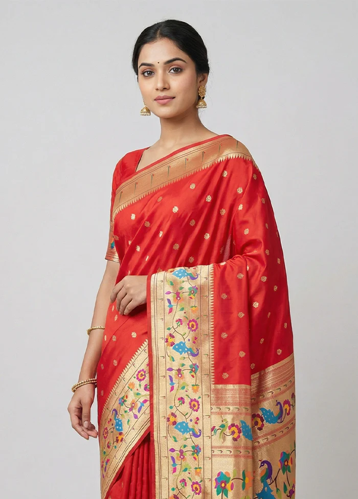 Red Dupion Silk Saree With Blouse Piece - Image 2
