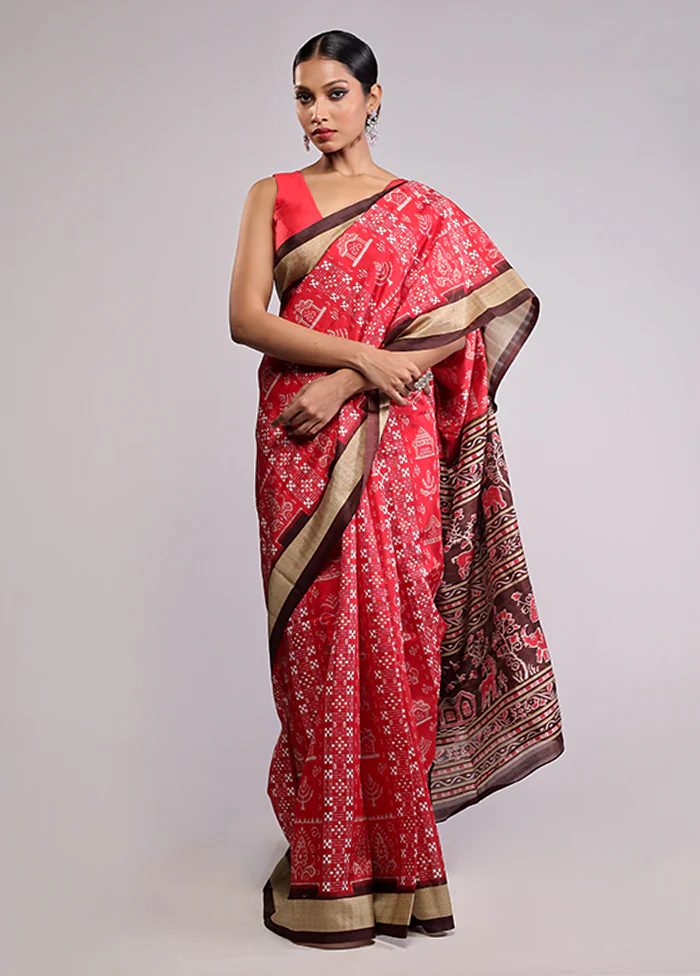 Red Dupion Silk Saree With Blouse Piece - Image 2