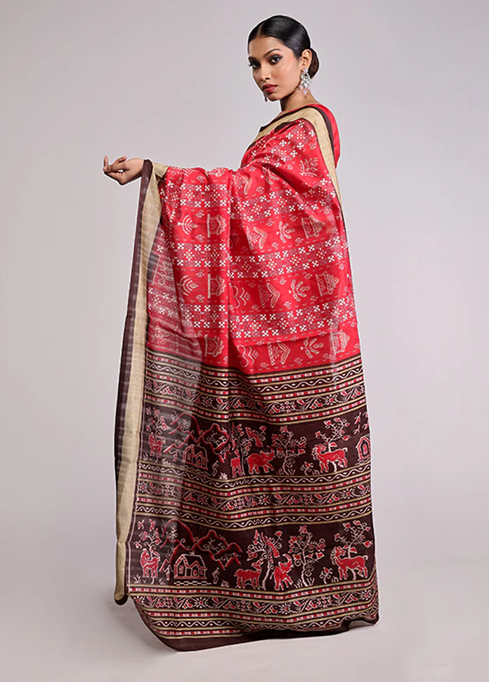 Red Dupion Silk Saree With Blouse Piece - Image 4
