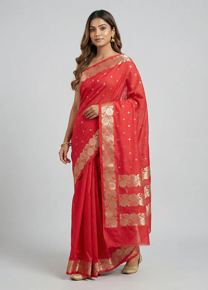 Red Dupion Silk Saree With Blouse Piece