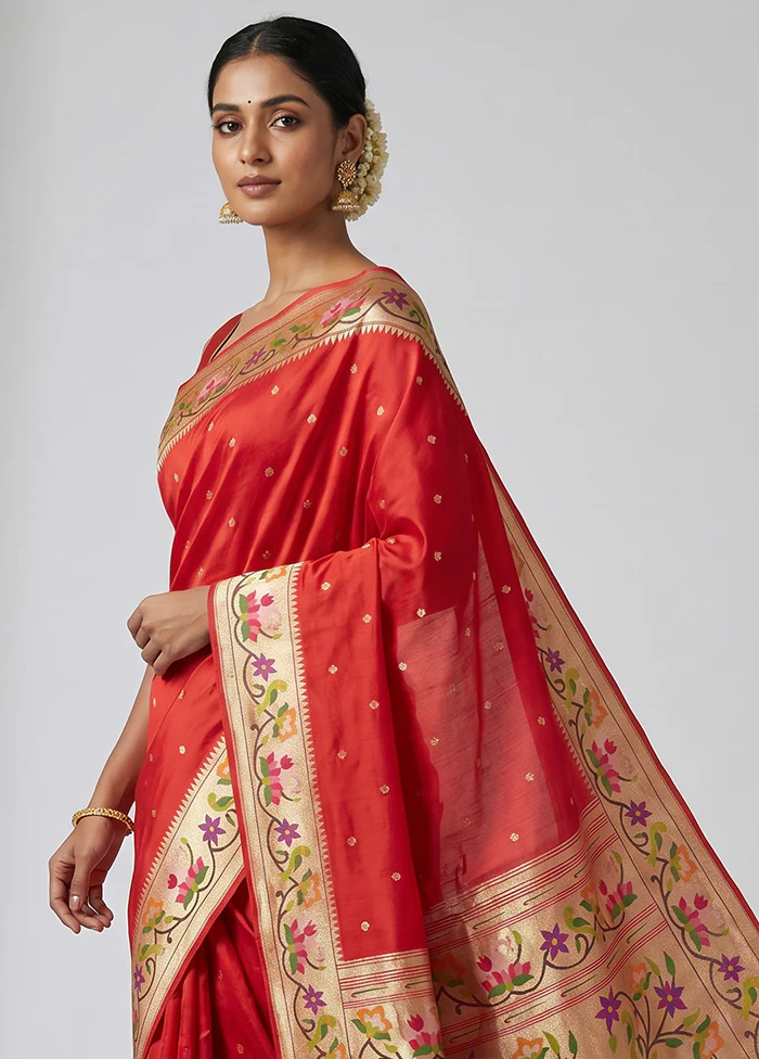 Red Dupion Silk Saree With Blouse Piece - Image 2