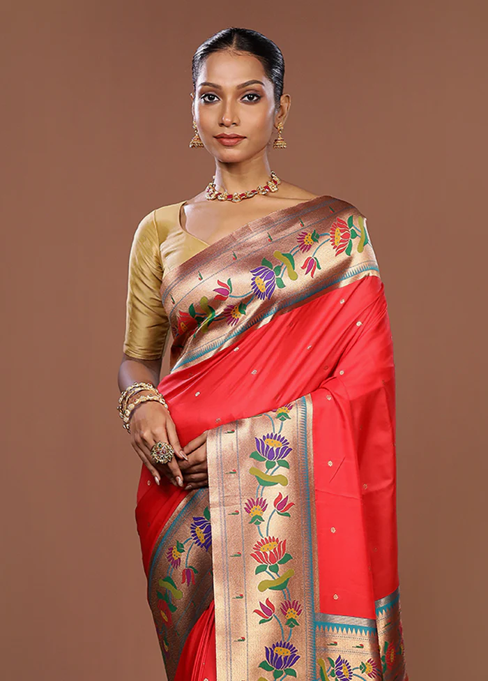 Red Dupion Silk Saree With Blouse Piece
