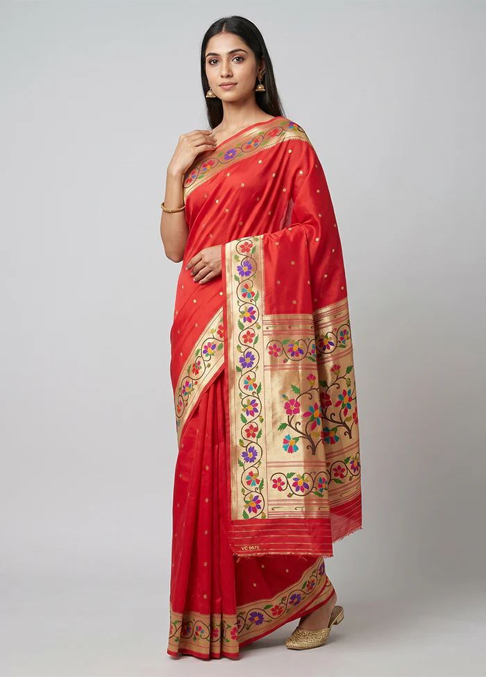Red Dupion Silk Saree With Blouse Piece