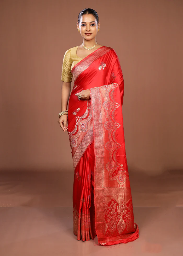 Red Dupion Silk Saree With Blouse Piece - Image 2