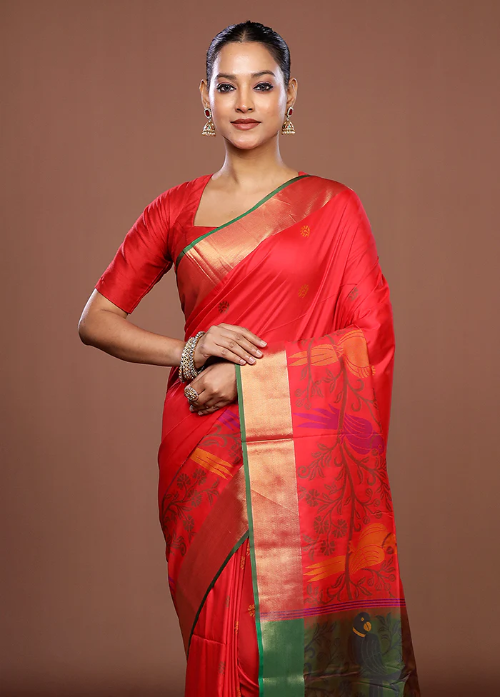 Red Dupion Silk Saree With Blouse Piece