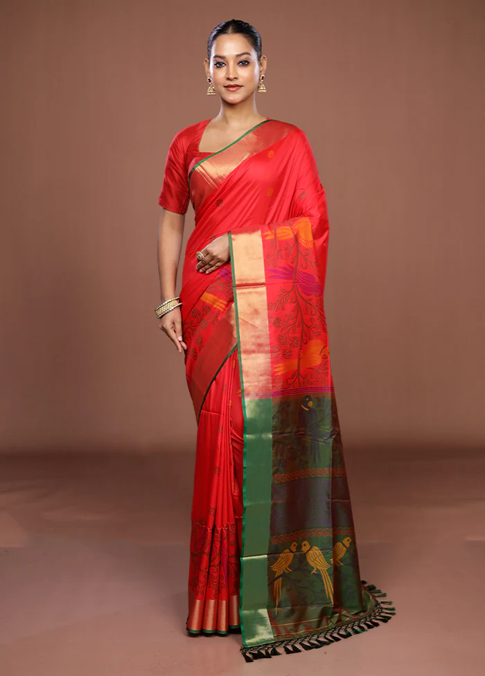 Red Dupion Silk Saree With Blouse Piece - Image 2