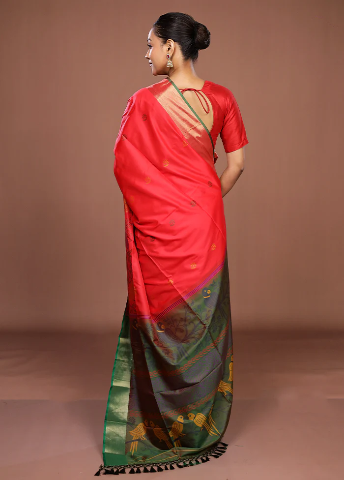 Red Dupion Silk Saree With Blouse Piece - Image 3