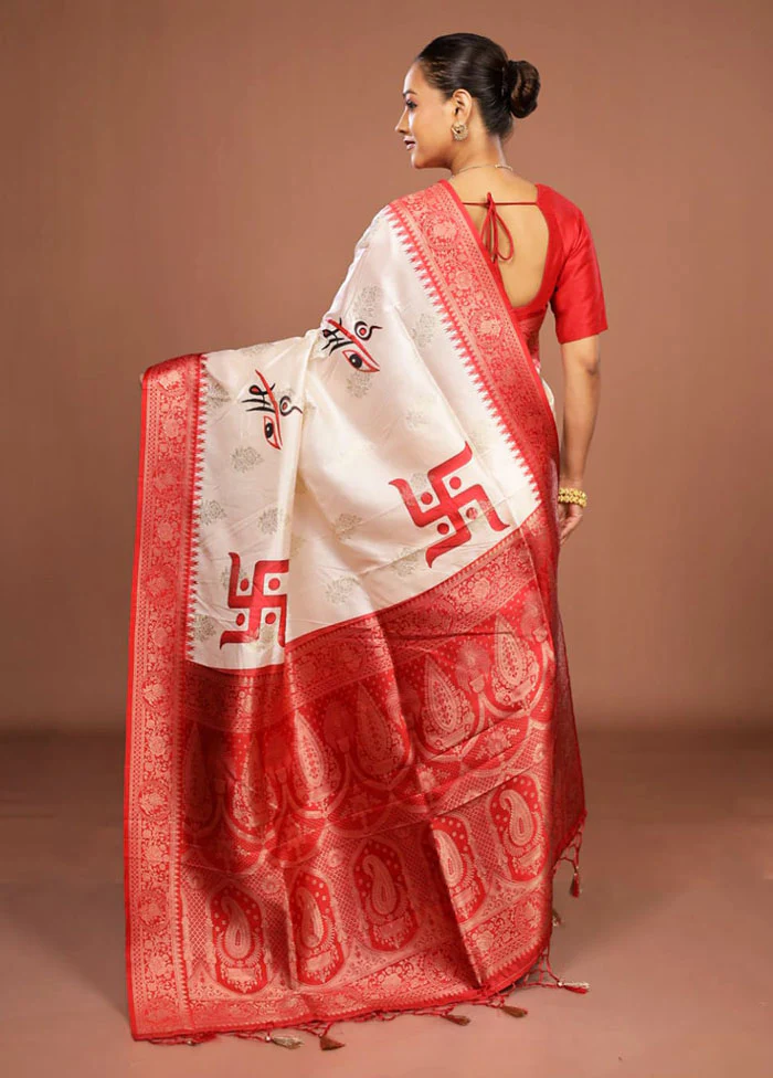Red & White Dupion Silk Saree With Blouse Piece - Image 3