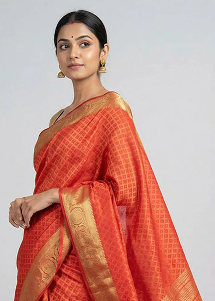 Red Dupion Silk Saree With Blouse Piece - Image 2