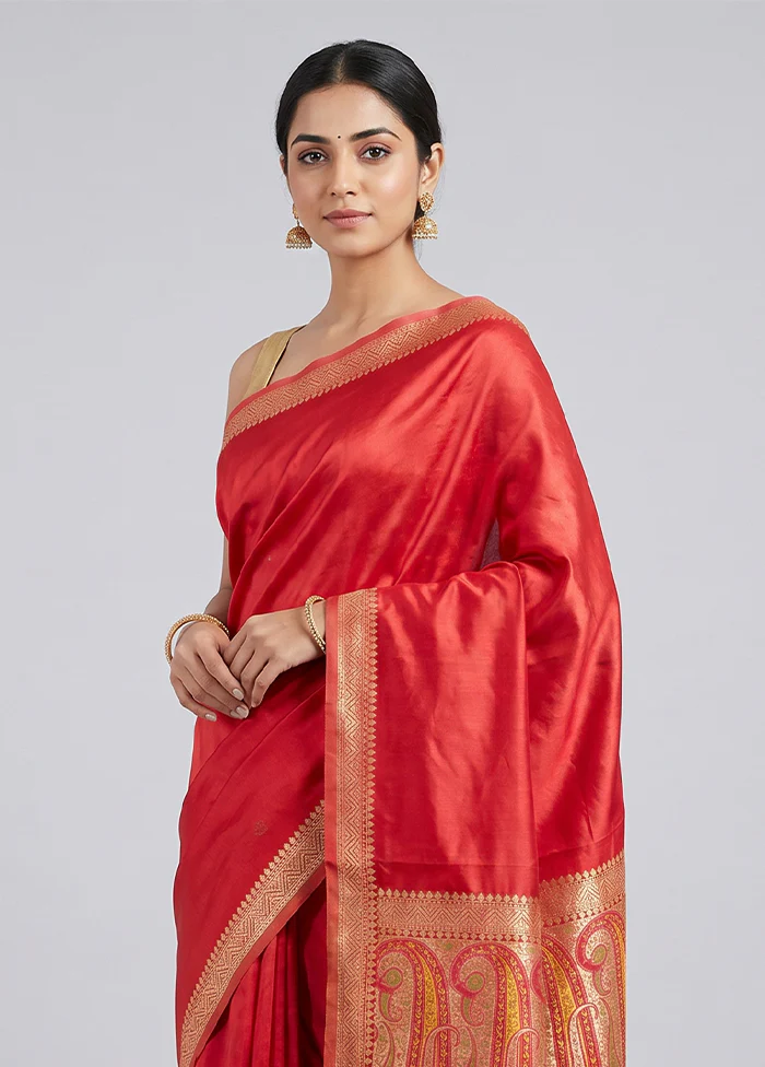 Red Dupion Silk Saree With Blouse Piece - Image 2