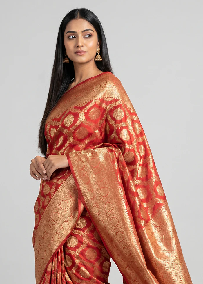 Red Dupion Silk Saree With Blouse Piece - Image 2