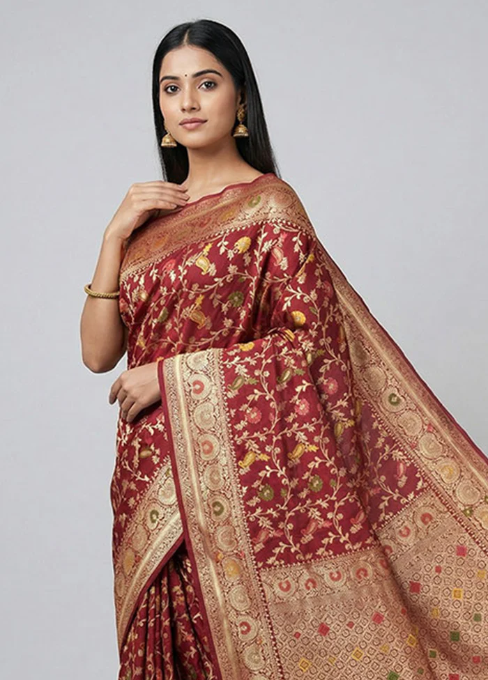 Red Dupion Silk Saree With Blouse Piece - Image 2