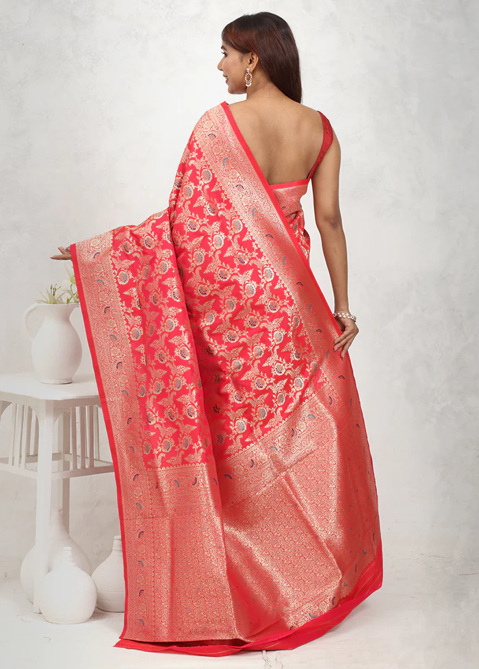 Red Dupion Silk Saree With Blouse Piece - Image 3