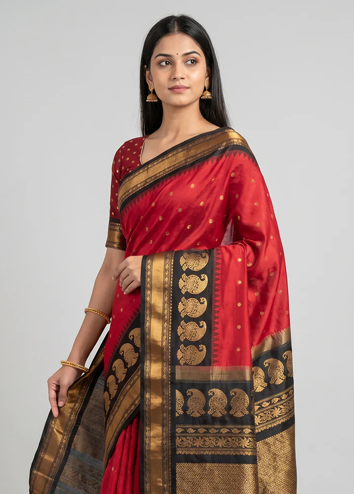 Red Gadwal Pure Silk Saree Without Blouse Piece - Image 2