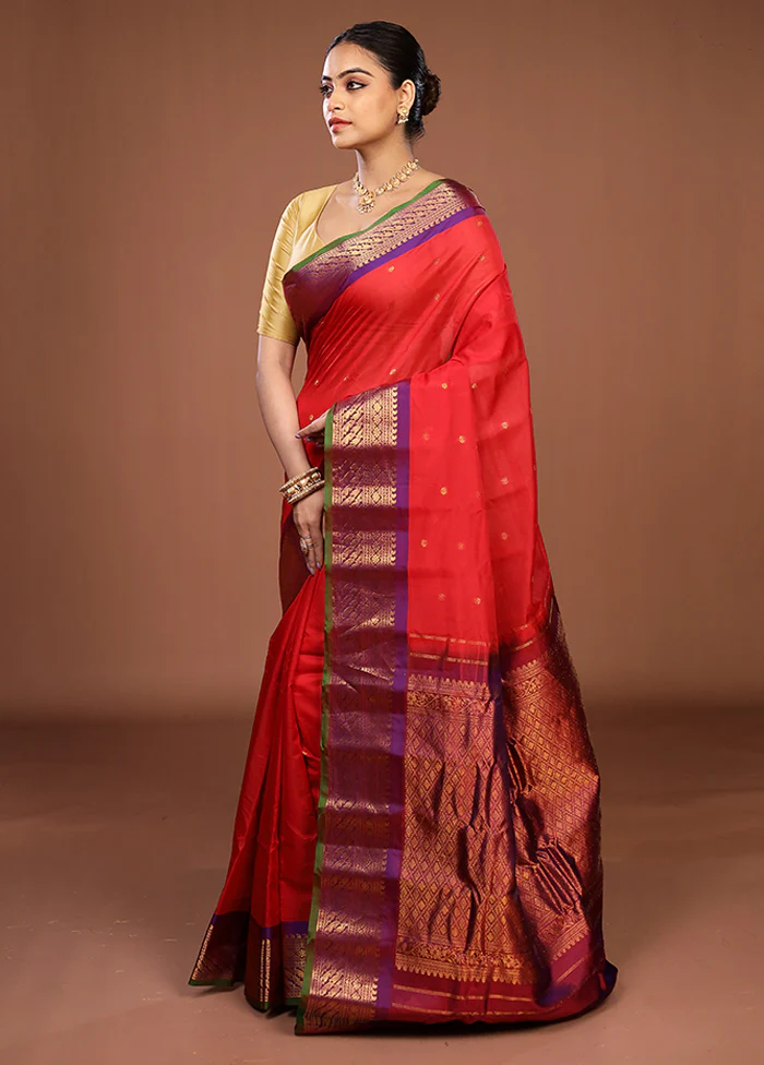Red Gadwal Pure Silk Saree Without Blouse Piece - Image 4