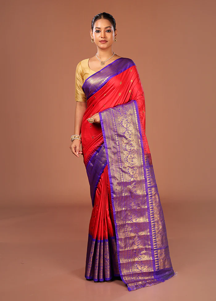 Red Gadwal Silk Saree Without Blouse Piece - Image 2