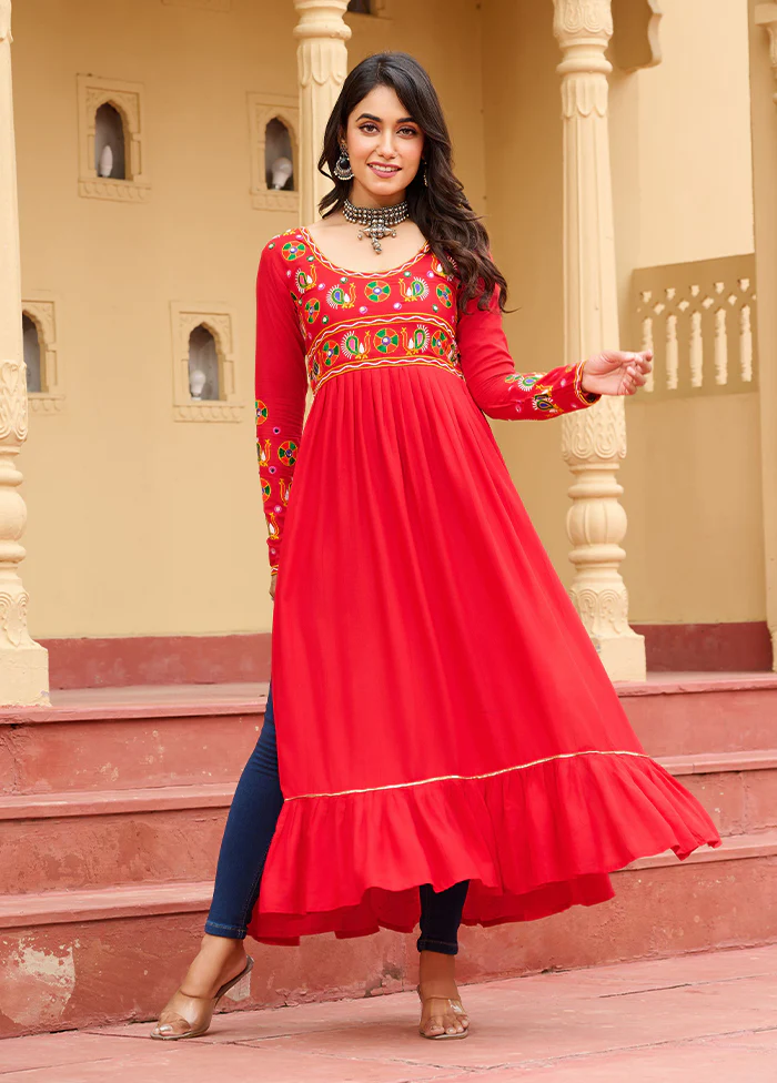 Red Gamthi Work Silk Kurti