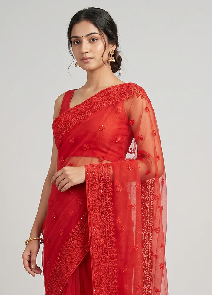 Red Georgette Saree With Blouse Piece - Image 2