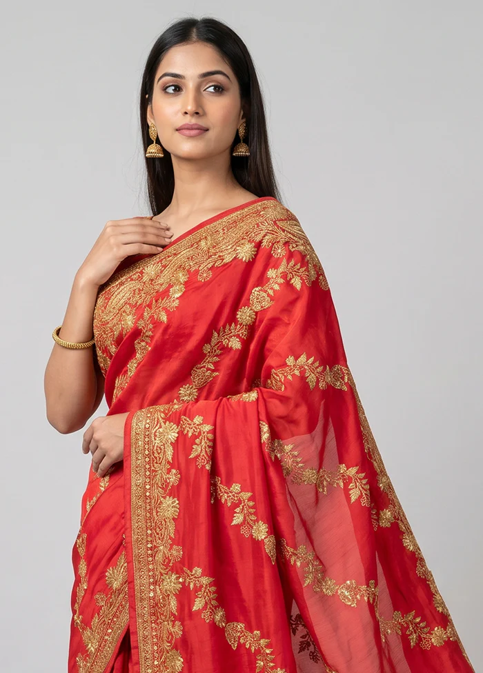 Red Georgette Saree With Blouse Piece - Image 2