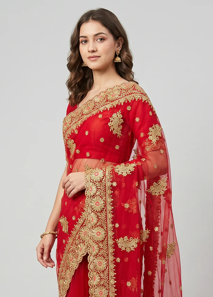 Red Georgette Saree With Blouse Piece - Image 2