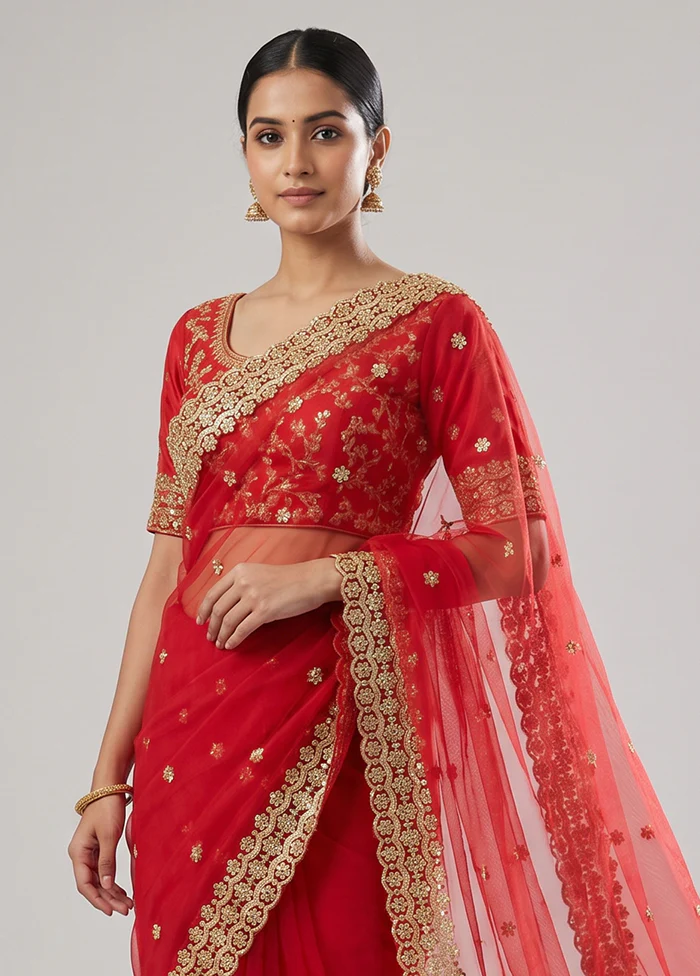 Red Georgette Saree With Blouse Piece - Image 2
