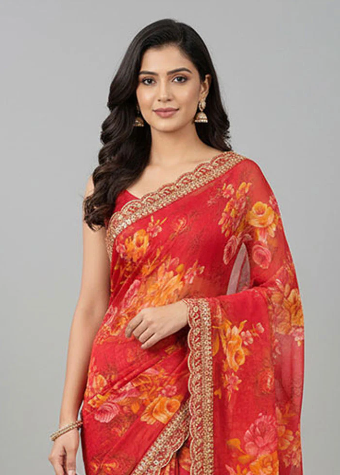 Red Georgette Saree With Blouse Piece - Image 2