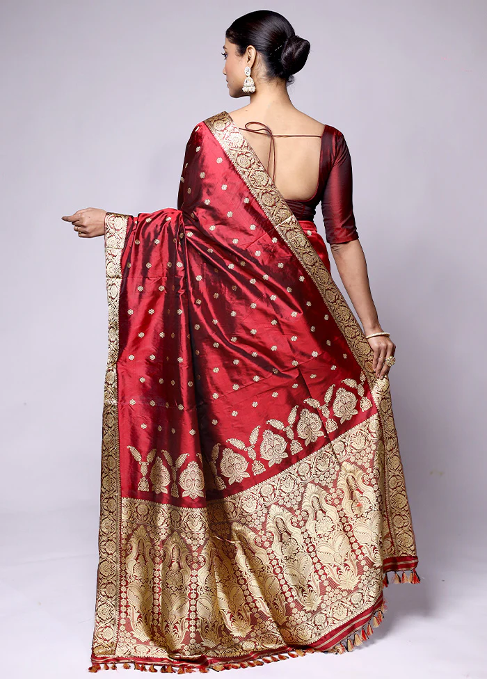 Red Handloom Assam Pure Silk Saree With Blouse Piece - Image 3