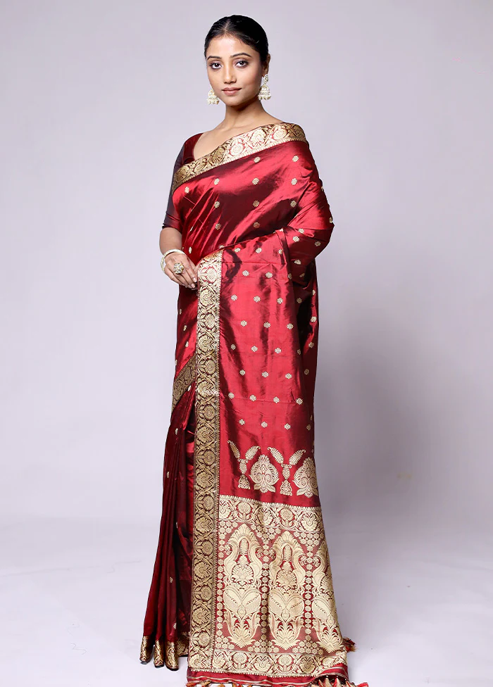 Red Handloom Assam Pure Silk Saree With Blouse Piece - Image 4
