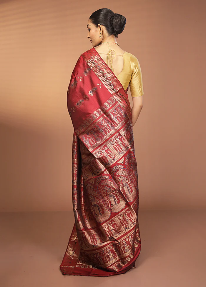 Red Handloom Baluchari Pure Silk Saree With Blouse Piece - Image 3