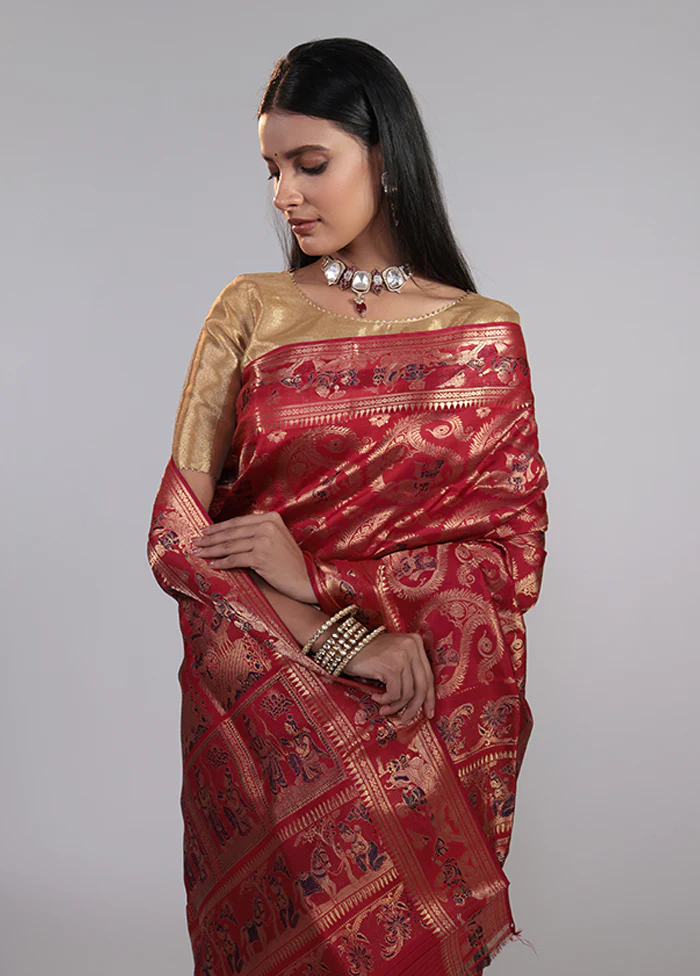 RED HANDLOOM BALUCHARI PURE SILK SAREE WITH BLOUSE - Image 2